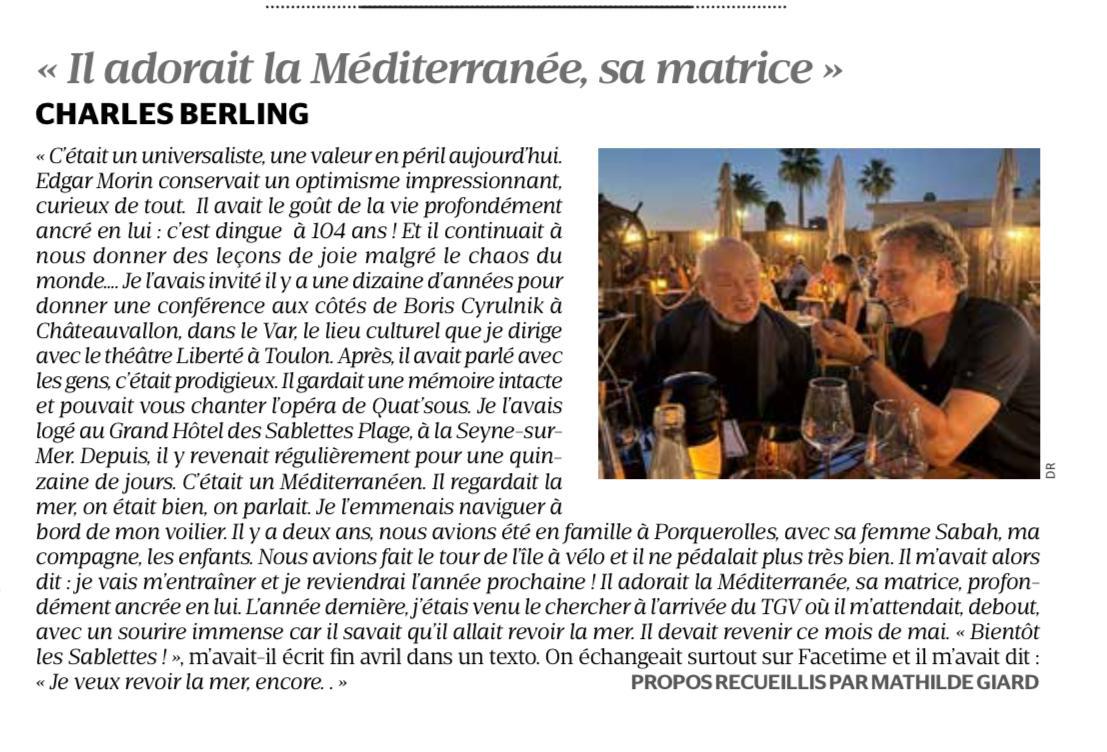 Article de Charles Berling : Il adorait la Méditerranée, sa matrice