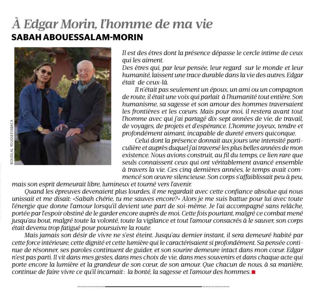 Article de Sabah Abouessalam-Morin : À Edgar Morin, l'homme de ma vie