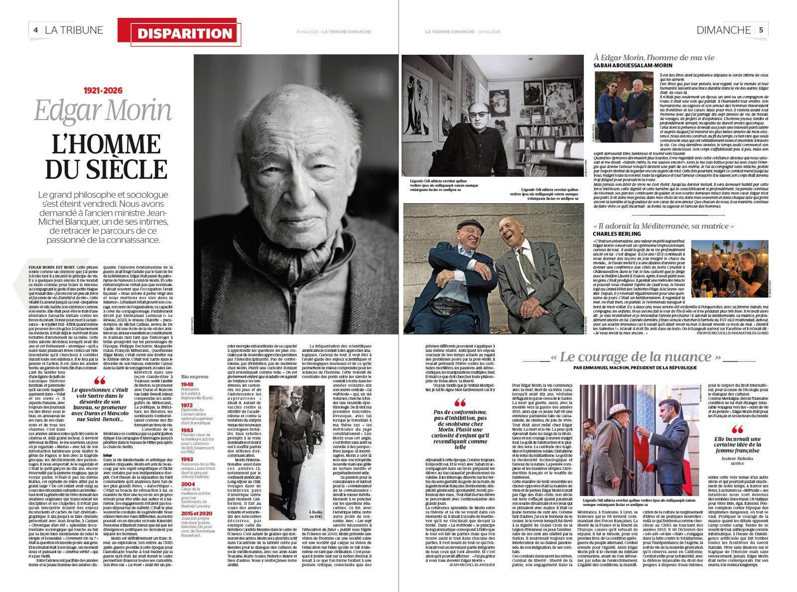 La Tribune Dimanche : Edgar Morin, l'homme du siècle